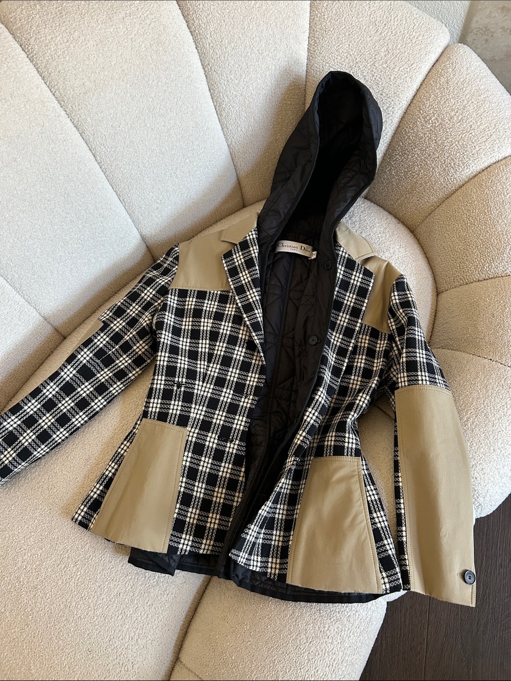 Dior Black & Cream Plaid Peplum Blazer with Tan Accents